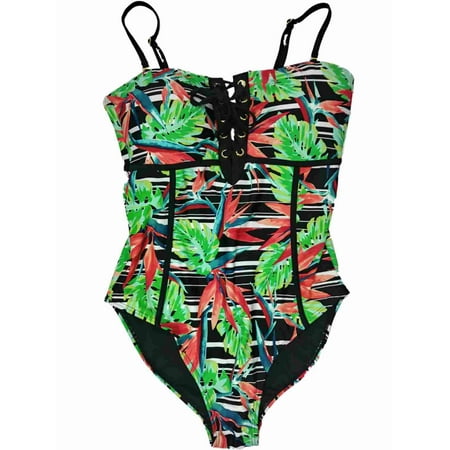 

Womens Red Blue Birds Of Paradise Flower One Piece Corset Swimming Suit
