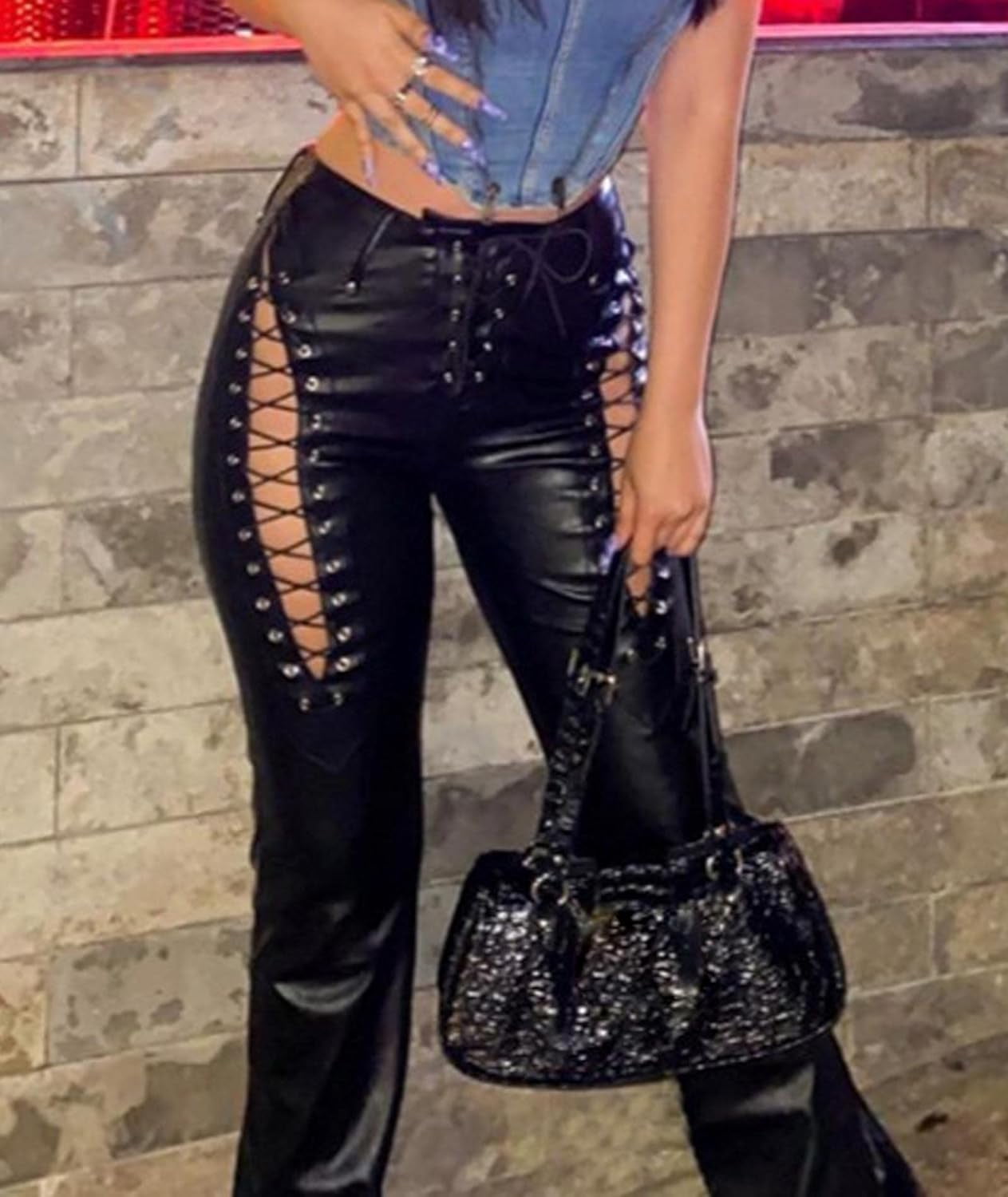 HLSOHJP Women's Lace Up PU Leather Pants Chic High Waist Hollow Out Drawstring Bandage Cut Out Faux Leather Trousers