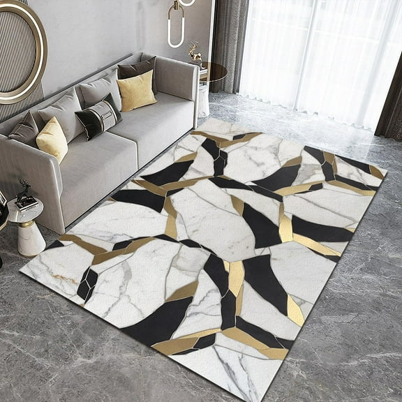 White Marble Cracks Area Rug, Luxurious Black Gold Geometric Texture Washable Carpet, With Non-Slip Backing Floor Rugs For Living Room Bedroom Kitchen Entryway Floor Mat