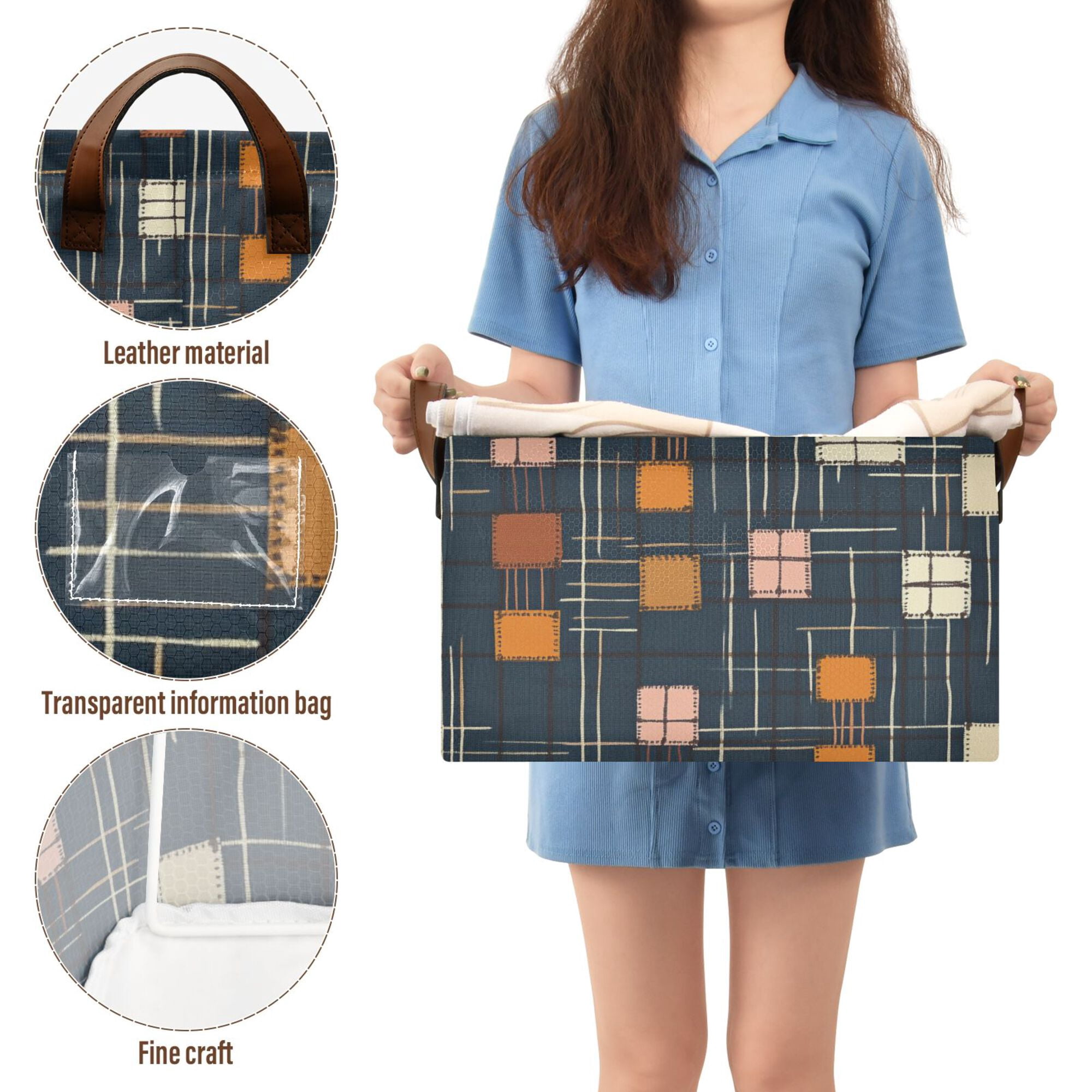 Yayeee Foldable Storage Basket for Shelves Waterproof Cloth Bins with Handles, Orange Checkered Pattern