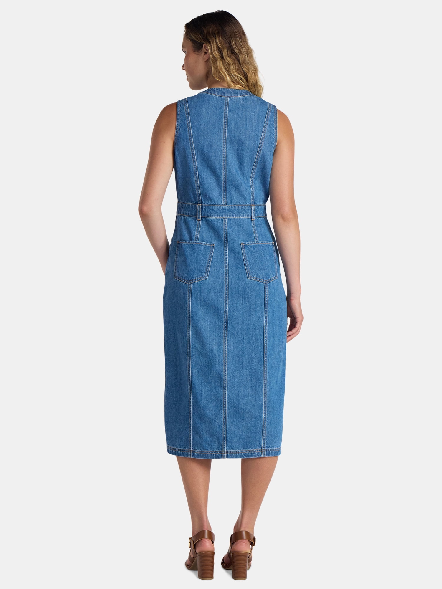 Time and Tru Women’s Sleeveless Midi Denim Shirt Dress, XS-3XL