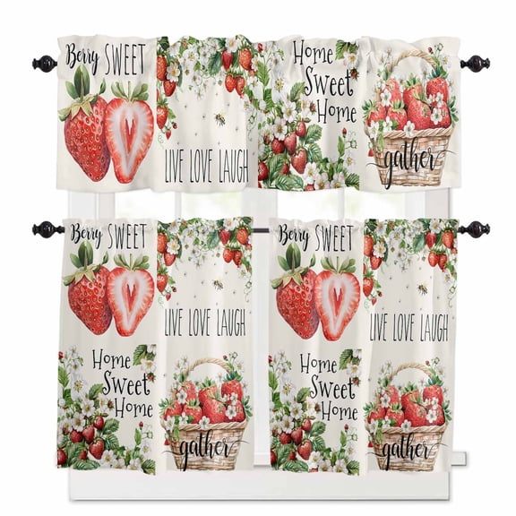 Strawberry Kitchen Curtains Valances and Tiers Set of 3 Summer Flower Fruit Tier Curtains and Valance Rod Pocket Valance Curtains Set for Kitchen Bathroom Small Windows 27.5"W x 24"L (Pack of 3)
