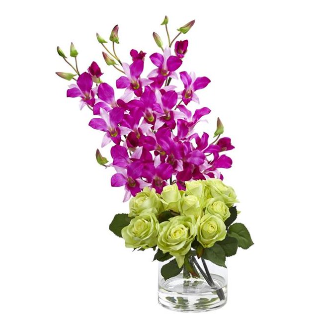 Nearly Natural 1589-OG Rose & Dendrobium Orchid Artificial Arrangement - Orange
