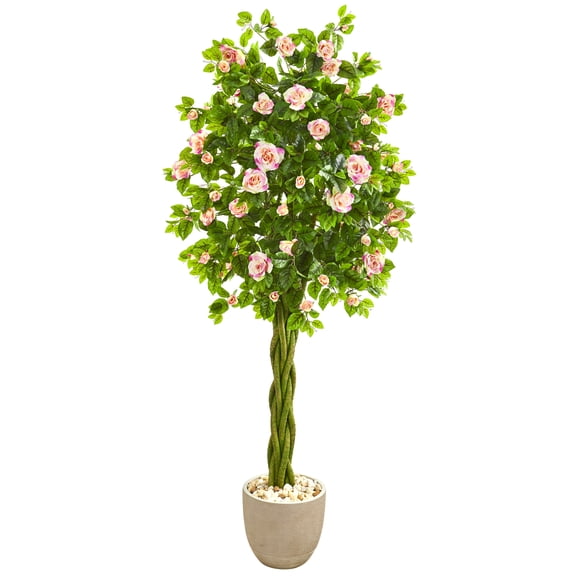Nearly Natural 6’ Rose Artificial Tree in Sand Stone Planter