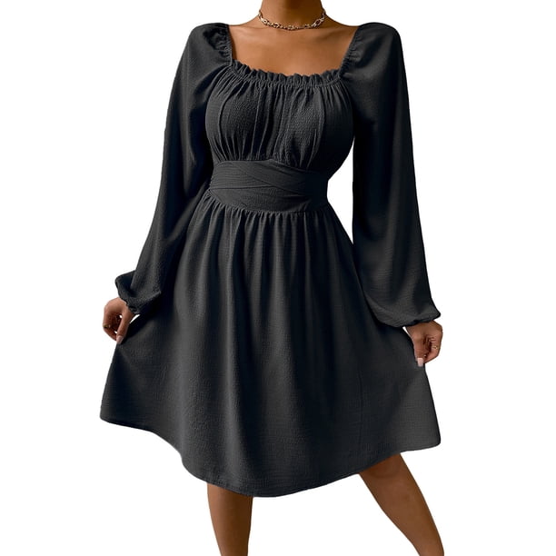 SAYOO Vestido de primavera para mujer, vestido de cintura alta fruncido con cuello cuadrado liso de manga larga, trajes hasta la rodilla con lazo en la cintura para mujer SAYOO moda