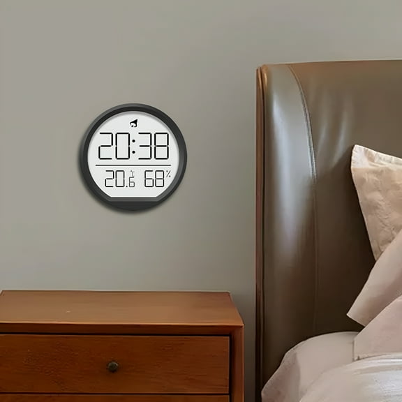 DESIGNICE Digital Alarm Clock Wall Clock Round 7.4cm Battery Operated Versatile 12/24H with Temperature and Humidity for Office Stylish Black