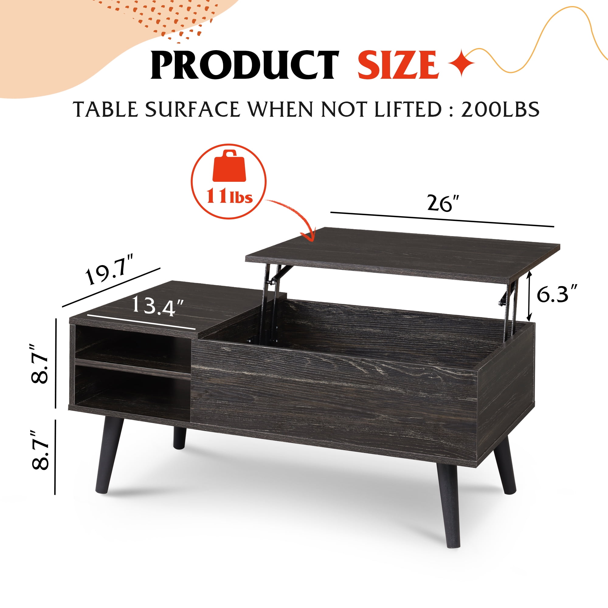 GALAXHERO Coffee Table for Living Room with Hidden Compartments and Removable Storage Shelves Lift Top Table Charcoal Black