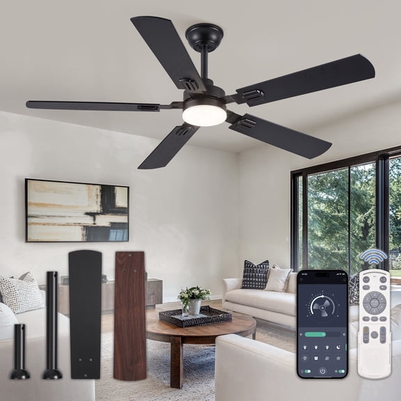 Zardon 52" Modern Black Ceiling Fan with Light and Remote Control, Ultra-Quiet DC Motor, Bright LED Light, 6-Speed, Timer for Bedroom, Living Room