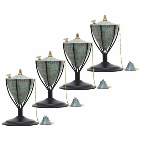 Legends Direct Set of 4, Premium Amsterdam Metal Tabletop Torches, Tall- Tiki Style /w Snuffer, Fiberglass Wick & Large 32oz Oil Lamp , Stylish Luau Flame Torches (Hammered Patina)