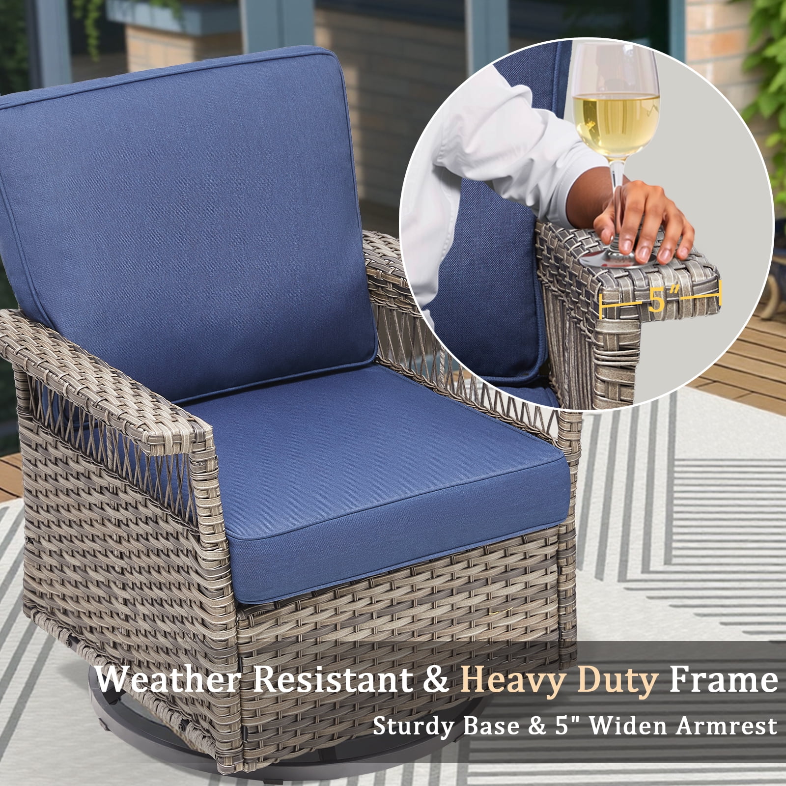 Lumiinofami 6 Piece Patio Sectional Set, Outdoor Conversation Furniture Set with Rocking Swivel Chairs and Side Table, All-Weather Wicker Padded Sofa Sets for Deck Poolside Backyard, Blue Cushions