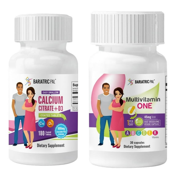 Gastric Sleeve Complete Vitamin Pack - Tablets BariatricPal Multivitamin ONE & BariatricPal Easy Swallow Calcium Citrate and D3 Coated Tablets: Capsule with 45mg Iron, Size: 30-Day Supply