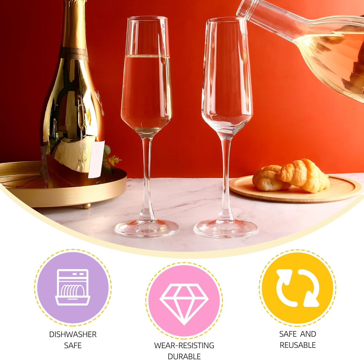 Champagne Glasses Set of 12, Elegant Champagne Flutes, Modern Sparkling Wine Glasses for Home Bar, Wedding, Anniversary, 7.5 oz, Clear