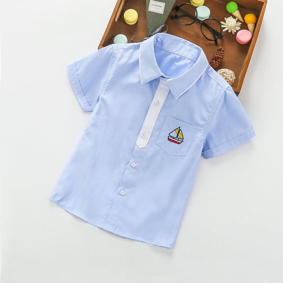 Cethrio Kids Boys Button Down Shirts, Short Sleeve Print Cotton Summer Tops Light Blue Size 3-10 T