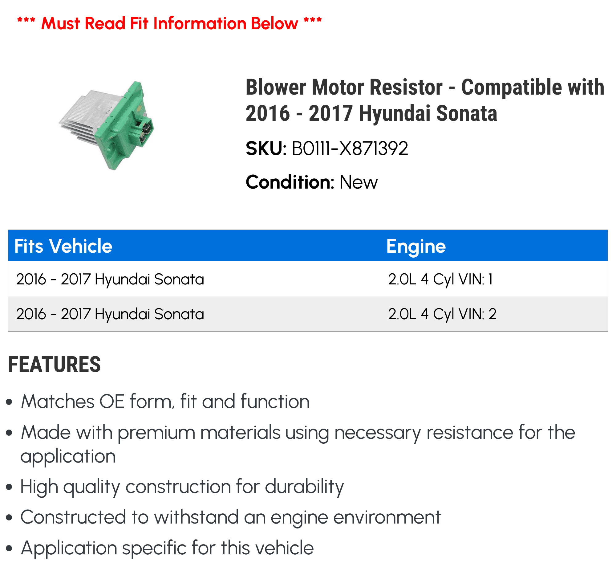 Blower Motor Resistor - Compatible with 2016 - 2017 Hyundai Sonata - Beck Arnley