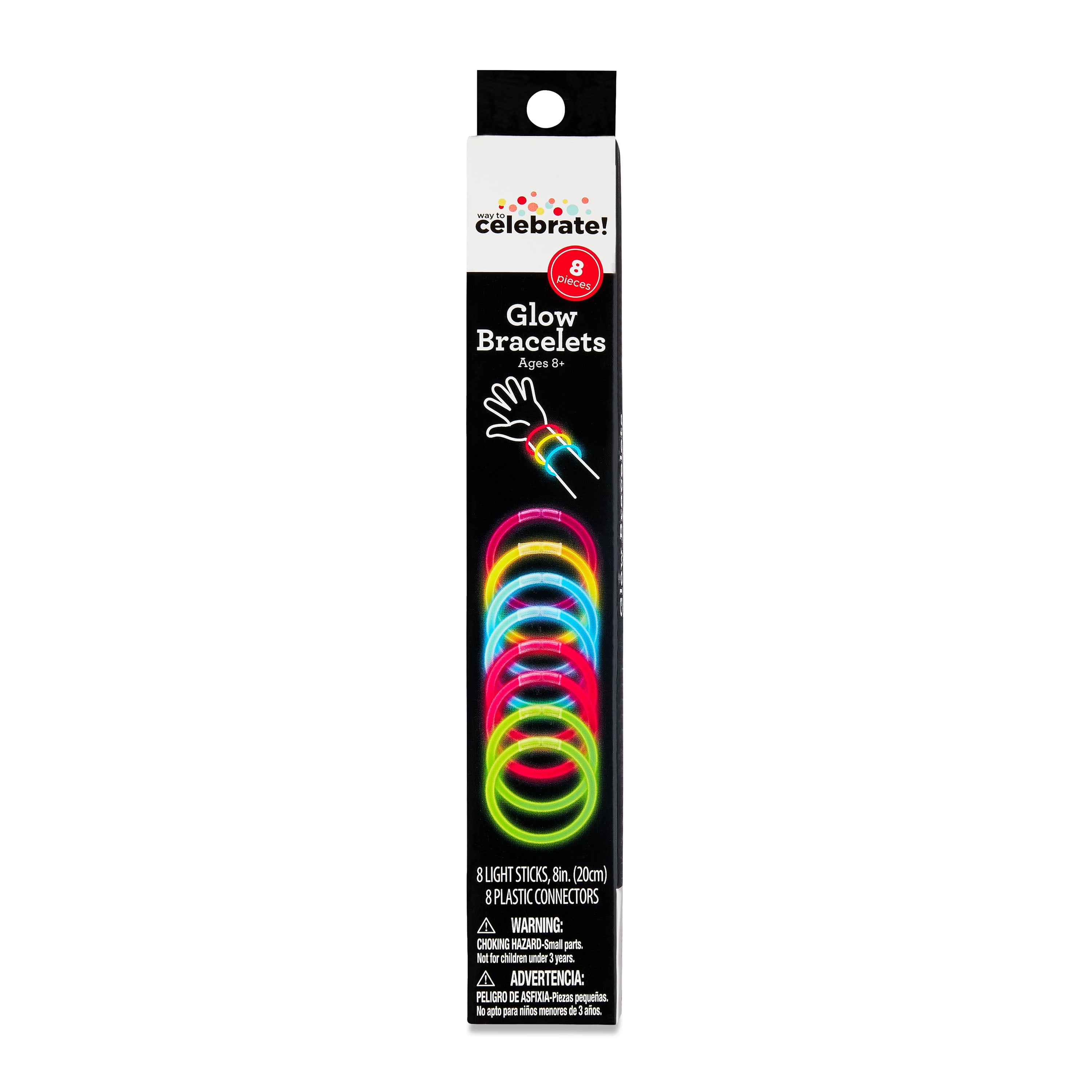 (2 pack) Multicolor Glow Bracelets, 8", 8 Count, by Way To Celebrate