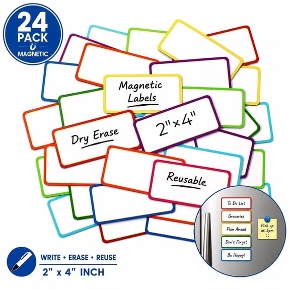 24 Pack Magnetic Dry Erase Labels, 2"x4” Multicolor Reusable Whiteboard Magnets for Fridge, Calendar, Office & Classroom