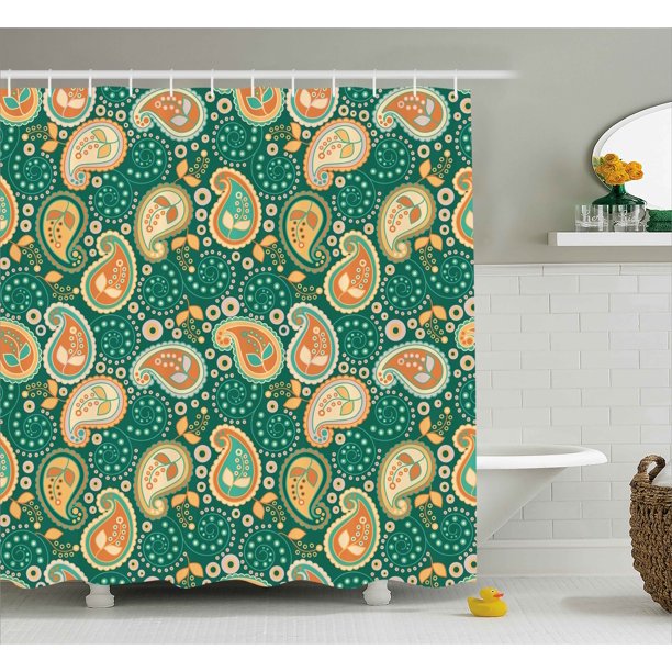Ethnic Decor Shower Curtain, Indian Paisley Leaves with Arabesque Folk