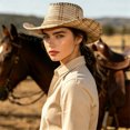 thumbnail image 2 of Cowgirl Cowboy Hat for Women Men Roll Up Wide Brim Fedora Western Hat with Belt Buckle Beach Vacation Summer, 2 of 5