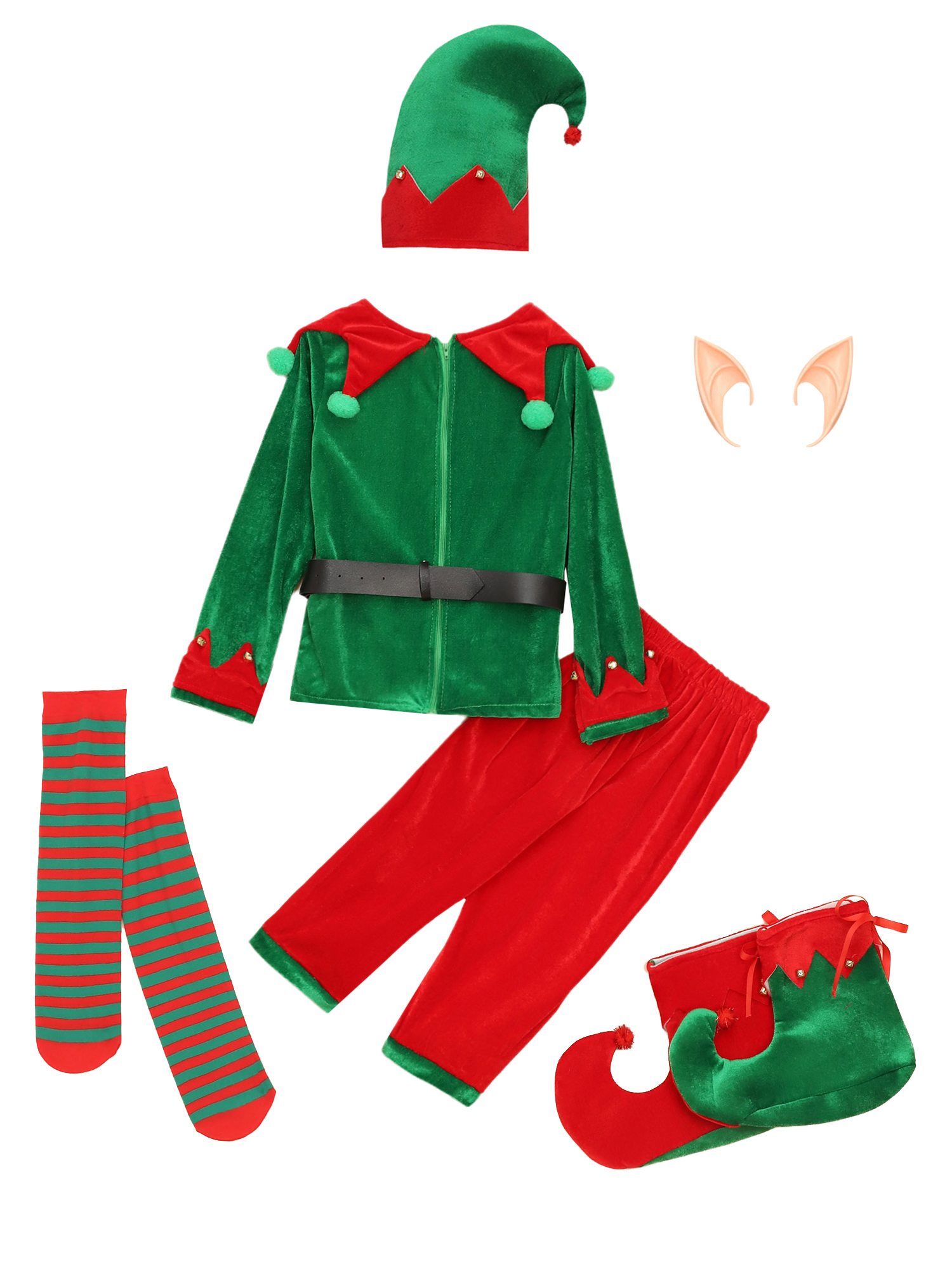 Haitryli 7Pcs Kids Christmas Elf Outfits Xmas Elves Party Santa Litter Helper Fancy Dress Up Set Green 140