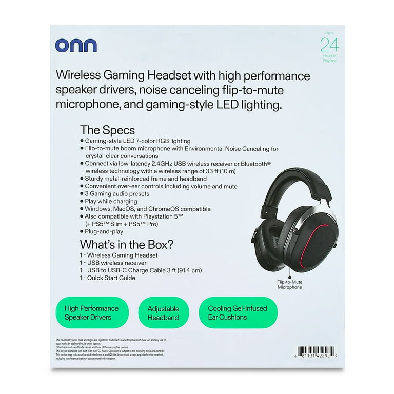 Free Shipping! Onn+ Wireless Gaming Headset Black Bluetooth