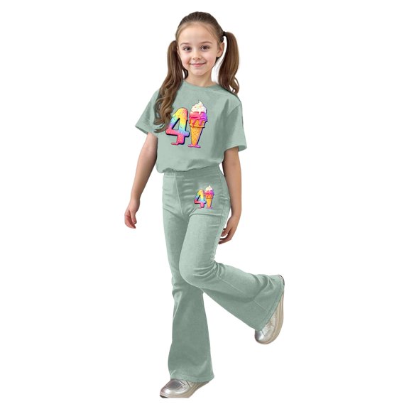 Girls Summer 2 Piece Outfits Floral Cute Short Sleeve and Casual Pants Kids Clothing Set Light Green Size 7-8 Years
