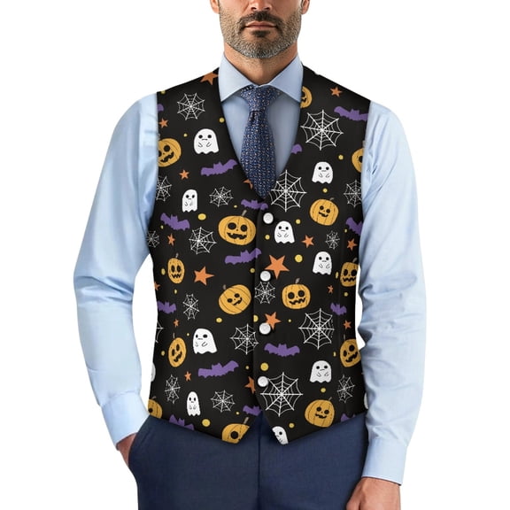 Uourmeti Pumpkin Spider Web Pattern, Slim Fit 4 Buttons Mens Suit Vest Lightweight Mens Formal Waistcoat for Business Wedding