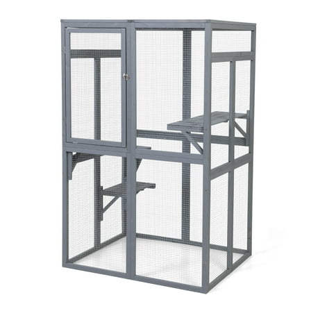 Noaman Wooden Cat Catio Outdoor Enclosure with Platforms, Sunshine Board, Hammock & Door, Grey, 39"L x 33"W x 64"H, for Kittens & Cats