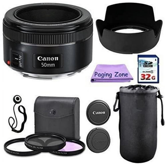 Canon 50mm f/1.8 STM Camera Fixed Lens. PagingZone Deluxe Kit Includes, 3Piece Filter Set   Lens Case   Lens Hood   32GB Class 10 Card. For EOS 6D, 70D, 5D MK II III, Rebel T3, T3i, T4i, T5, T5i, SL1.