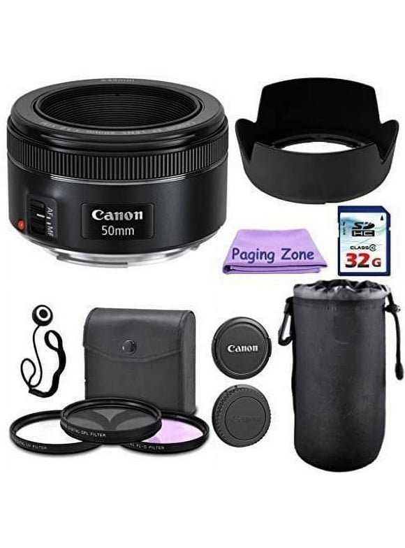 Canon 50mm f/1.8 STM Camera Fixed Lens. PagingZone Deluxe Kit Includes, 3Piece Filter Set + Lens Case + Lens Hood + 32GB Class 10 Card. For EOS 6D, 70D, 5D MK II III, Rebel T3, T3i, T4i, T5, T5i, SL1.