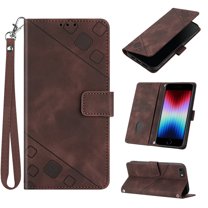 Feishell for iPhone 7 / 8 / SE 2020 / SE 2022 4.7 inch Wallet Case with Wrist Strap,Flip Cover with Embossed Pattern PU Leather Kickstand Card Slots Magnetic Clasp Folio Purse Phone Case,Brown