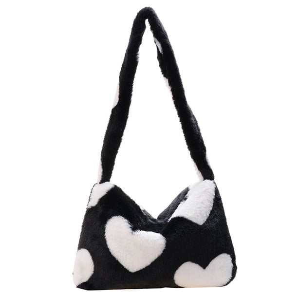 Qarigey Exquisito bolso con estampado de flores y corazones, bolsos casuales de felpa de primera calidad para mujer, bolsos de hombro Bolsas de mensajero y de hombro negro