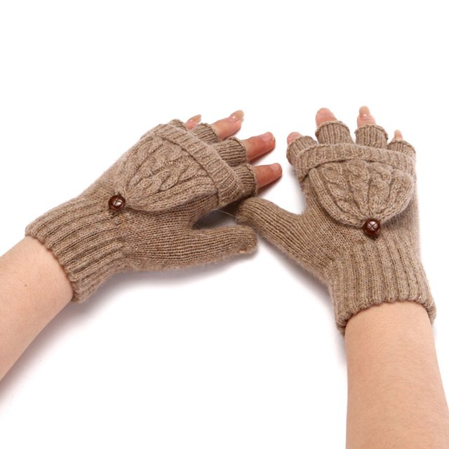 Gants d'Hiver Mode Couleur Unie Tricot Bouton Flip Mignon Double Usage Chaud Demi-Doigt