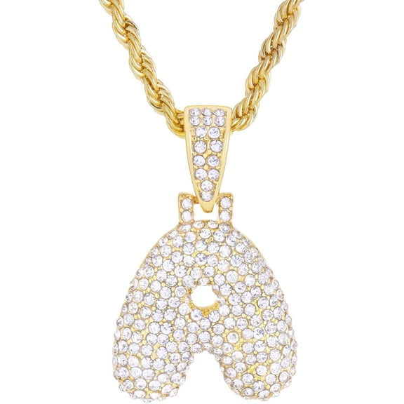 Iced Hip Hop A - Z Initial Bubble Letter 14K Gold Plated Real Feel Heavy 20" Rope Chain Necklace Set / A / Gold