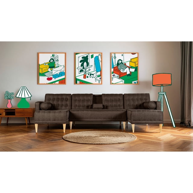 Sala Modular Doble Chaise Makora Brandon con Memory Foam y Respaldo Ajustable Lino Chocolate