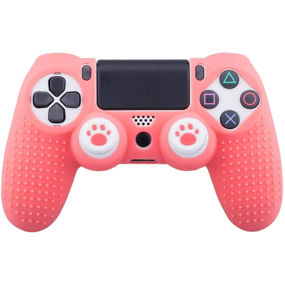 IBAOLEA Silicone Rubber Cover Skin Case x 1 Anti-Slip Studded Dots Customize for PS4/SLIM/PRO Controller x 1(Coral) + Cat Paw Thumb Grips x 2 coral -
