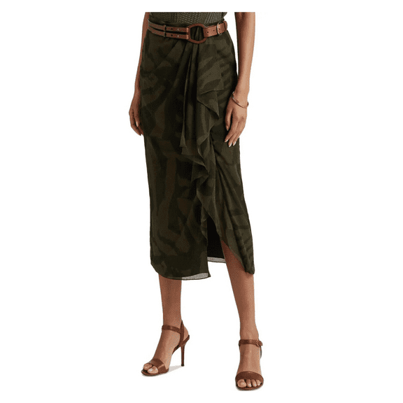 Lauren Ralph Lauren Petite Zebra-Print Crinkle Georgette Midi Skirt, Olive, 12P