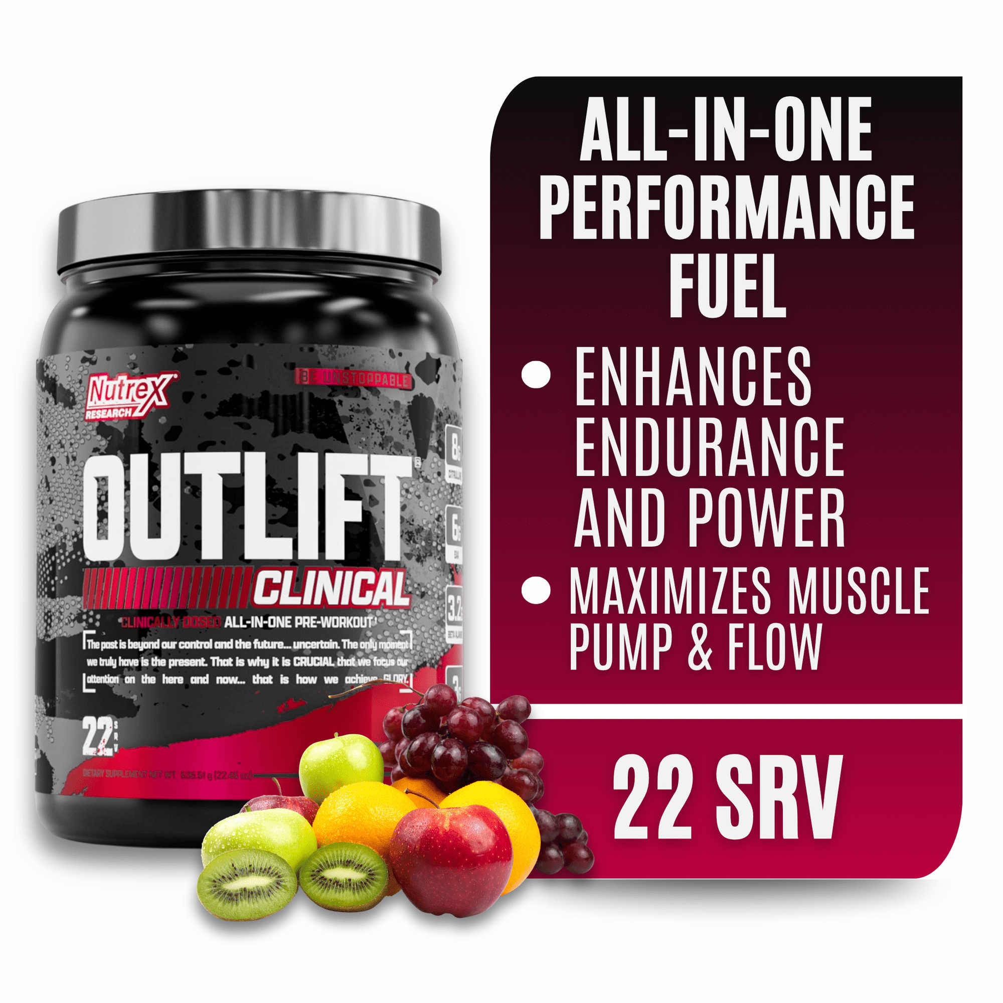 Nutrex Research Outlift Clinical - Clinically Dosed Pre Workout Powder with Creatine, 8G Citrulline, EAA - Energy, Performance, Pump Preworkout Supplement for Men & Women (22 Servings, Fruit Punch)