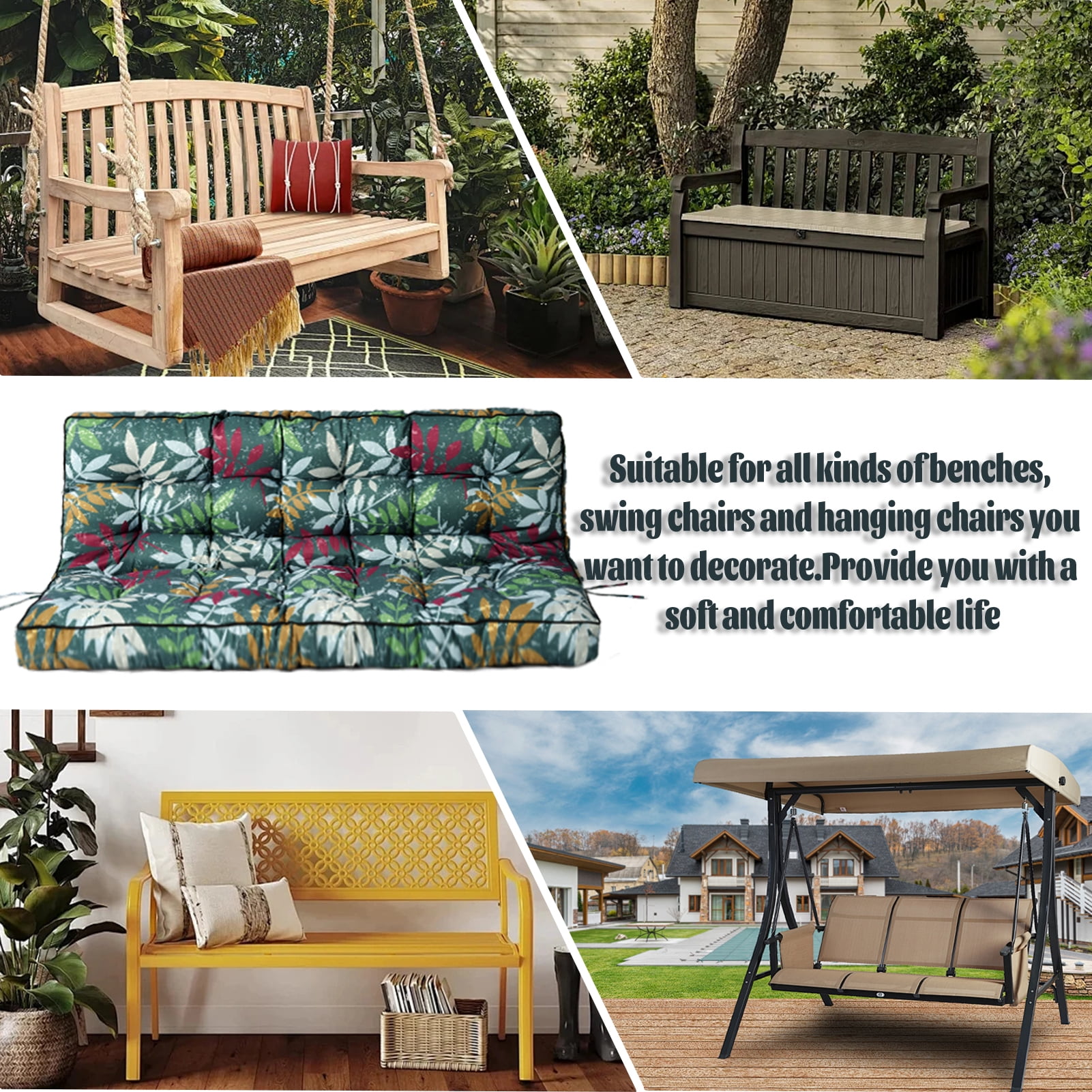 Replacement Cushions for Outdoor Swing, Swing Replacement Cushions Thicken 4" with Backrest, Waterproof Bench Cushions for Patio Furniture Porch Swing Cushions (Green Flowers)
