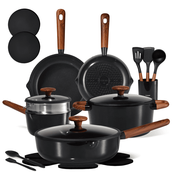 Carote 21-Piece Nonstick Pots and Pans Set, Ceramic Cookware Set with Steamer, Induction Compatible, Black