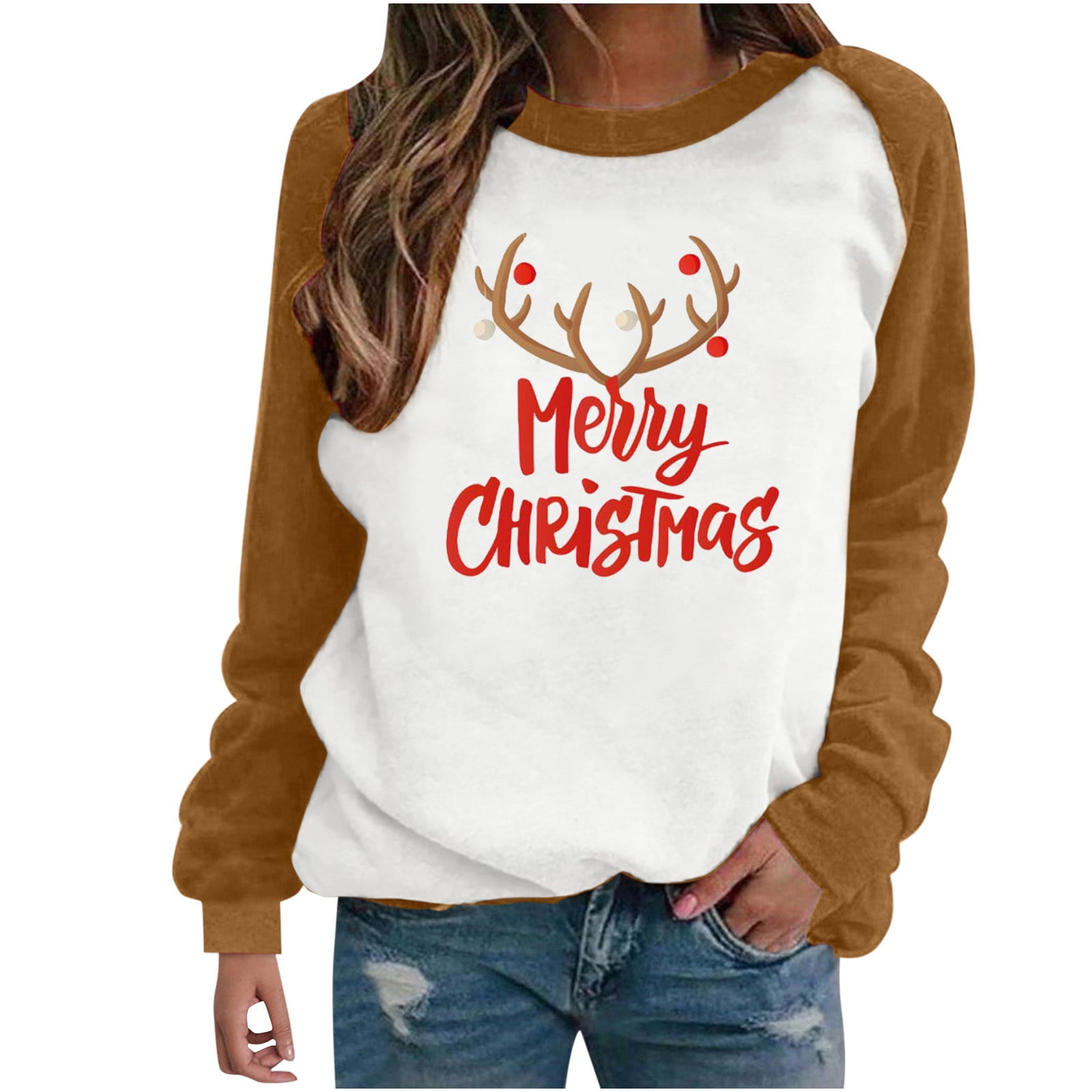 Christmas Tops for Women Fashion Women's Print RoundNeck Pullover Tops