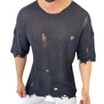 thumbnail image 3 of FINALGANG Mens Solid Color Crew Neck Short Sleeve Knit TShirt With Distressed Ripped Frayed Loose Fit For Casual Wear Festival Activities Leisure Tee, 3 of 3
