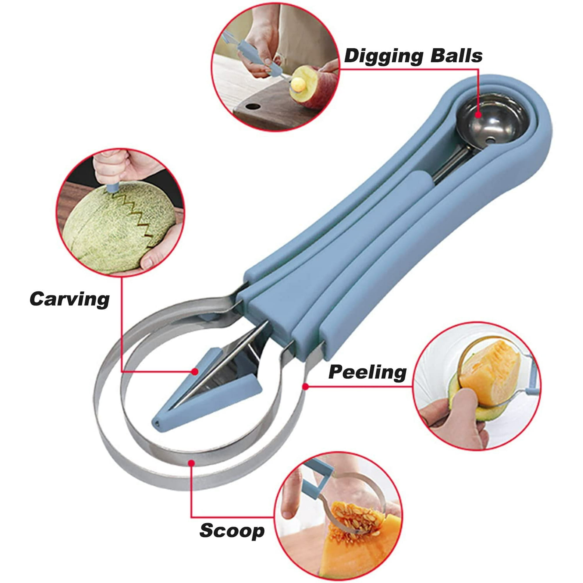 Melon Baller Scoop Set,Professional 4 In 1 Stainless Steel Fruit Carving Tools Knife Kit,Fruit Scooper Seed Remover Watermelon Knife for Ice Cream Melon,Dig Pulp Separator Fruit Slicer(Blue)