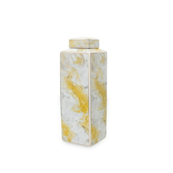 Beloved Square Ceramic Jar with Gold and Gray Marble Design