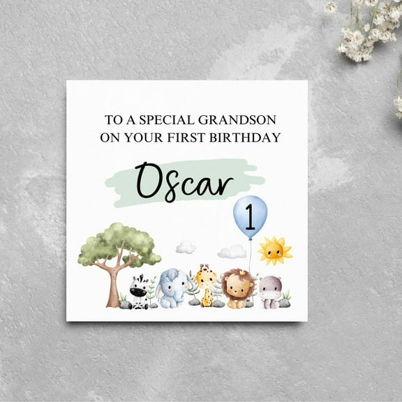 Special Grandson First Birthday Card – Personalized with Name and Age – Cute Animal Design – Ideal Keepsake for Child's Milestone Celebration