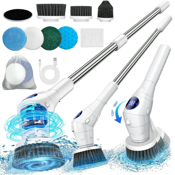 Electric Spin Scrubber with 3 Adjustable Speed and 7 Replaceable Brush Heads, Shower Scrubber with Night Light and LED Display