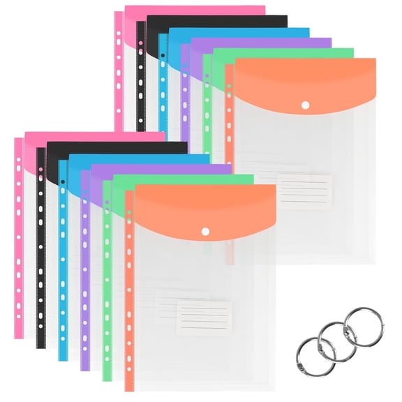 12 Pack Binder Pockets for 2/3/4 Ring Binder, Binder Folders with Snap Button and Label, Expandable Plastic Envelopes Binder Organizer Folders with 11 Holes for School Office Home（Top Loading））