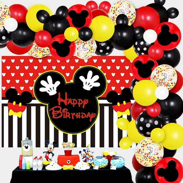 Fournitures de fête d'anniversaire sur le thème de Mickey Mouse Kit d'arc  de guirlande de ballons rouge jaune noir avec toile de fond Mickey Happy  Birthday pour garçons 1er 2e 6 mois