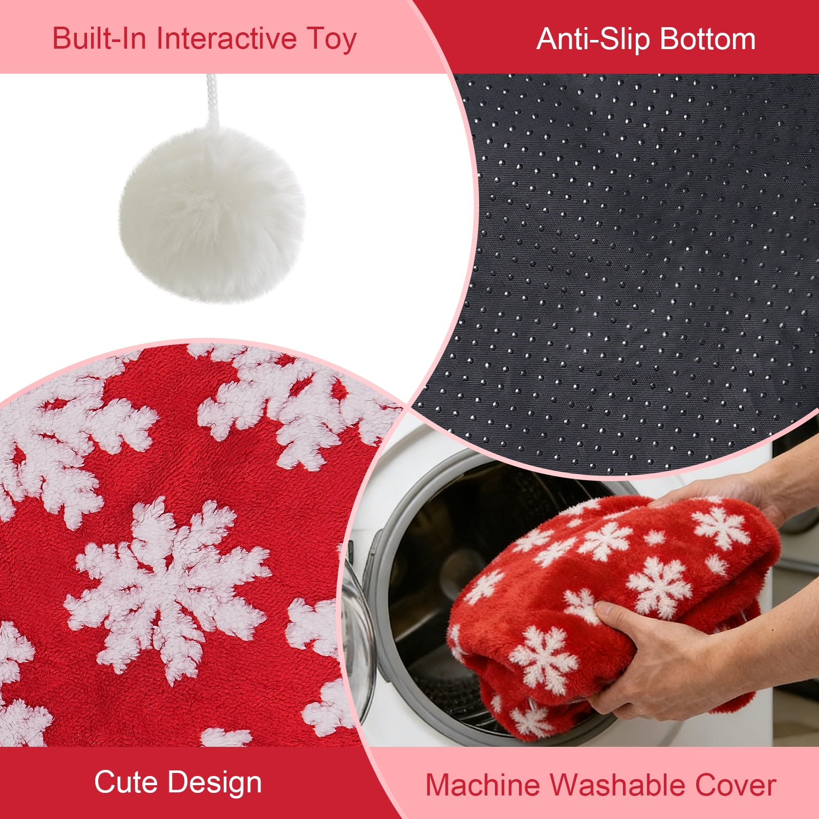 Hutact 3-in-1 Cat Tunnel with Cushion Cat Bed, 36in Cat Tunnel with Cushion Fleece Festive Red Snowflake – Detachable, Foldable, for 1-2 Cats Exercise Playing Sleeping, Red