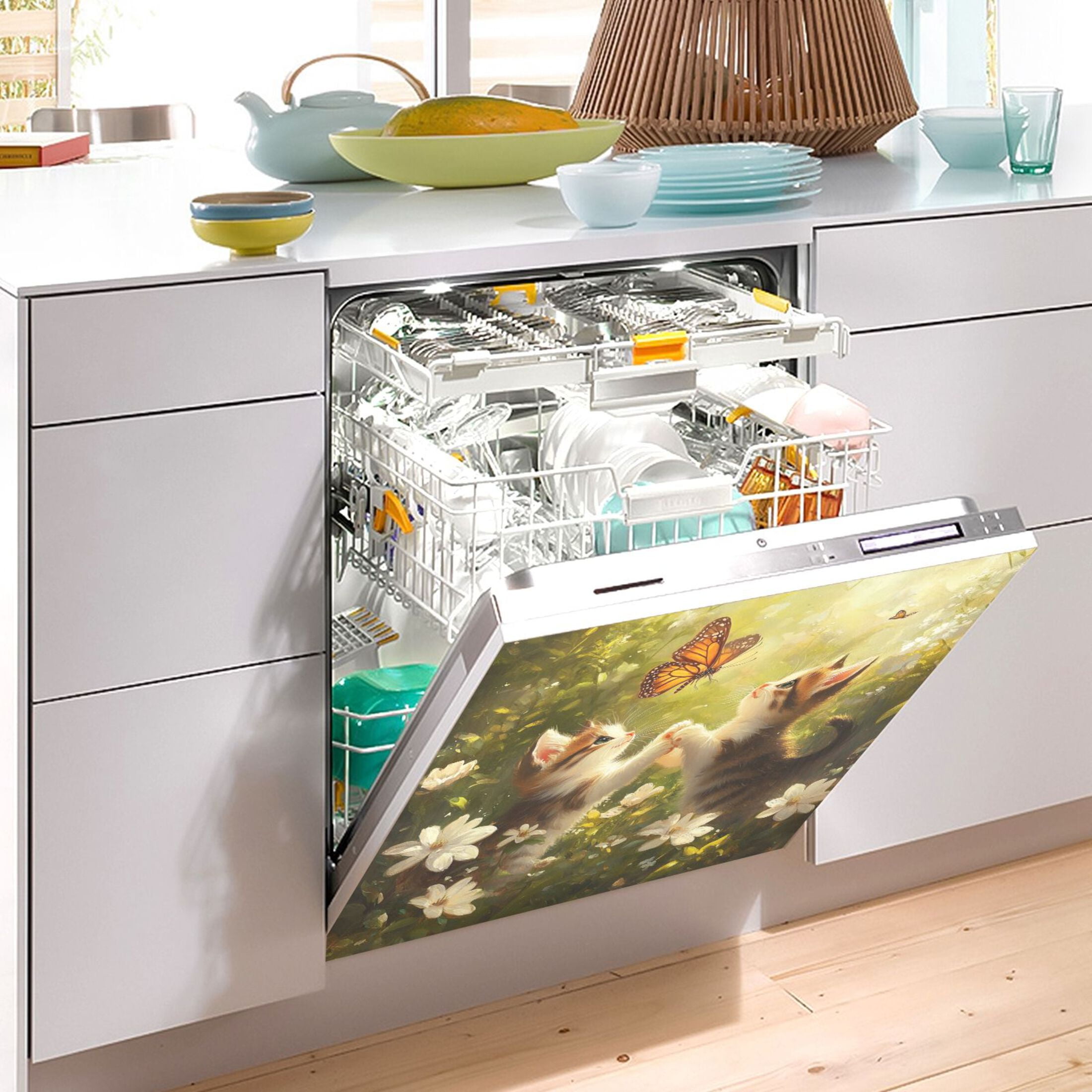 Dishwasher Magnetic Sticker 23x26 Inch Refrigerator Magnetic Sticker Washing Machine Magnetic Sticker Kitchen Panel Magnetic Sticker Home Decor Cute Cats and Butterflies
