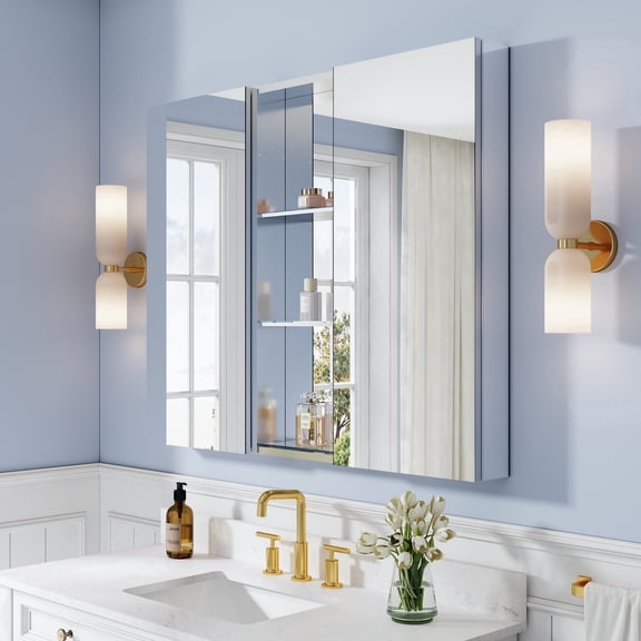 ANGELES HOME 44" x 36" Tri-View Mirror Medicine Cabinet and Open Shelf Set, Recessed or Surface Mount Bathroom Mirror Cabinet with Soft-Close Door